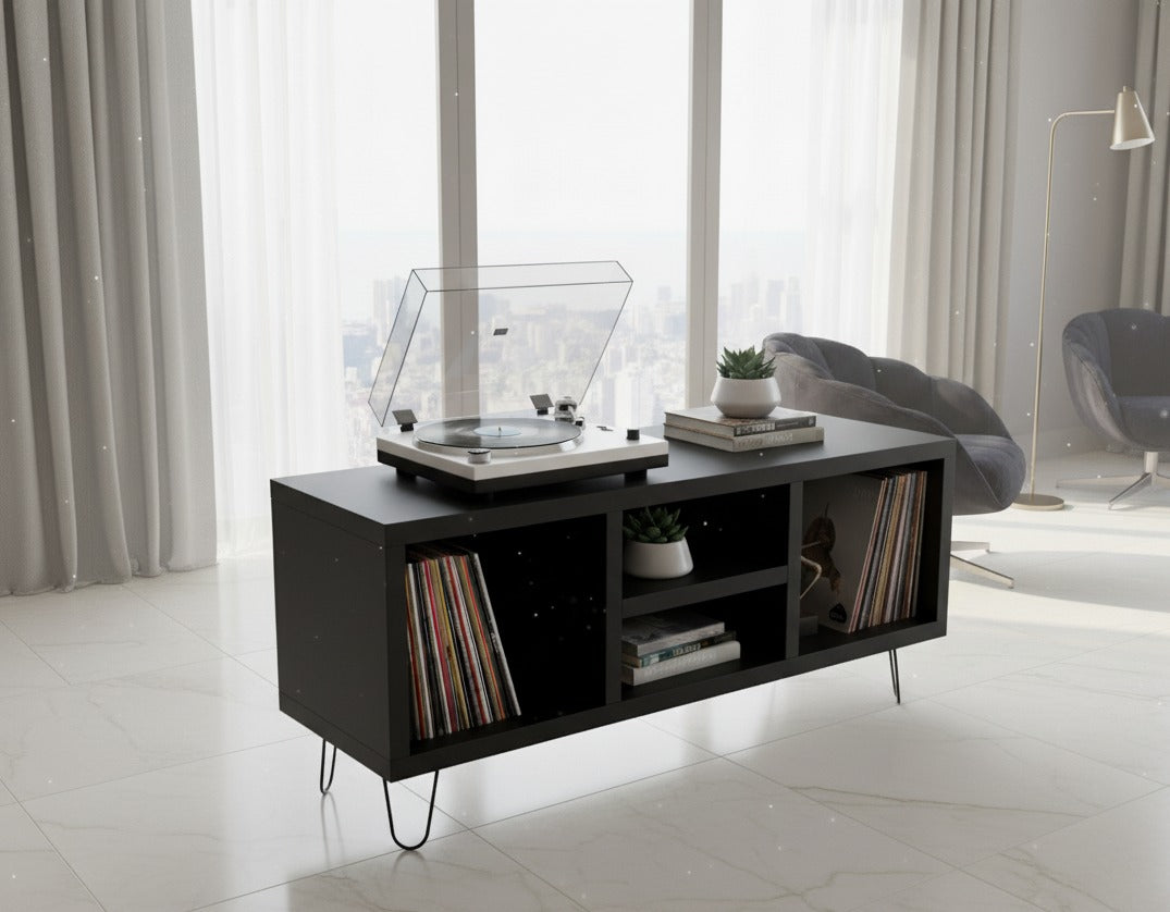 Low Profile Record Player Stand with Vinyl Storage – Turntable Cabinet & LP Organizer