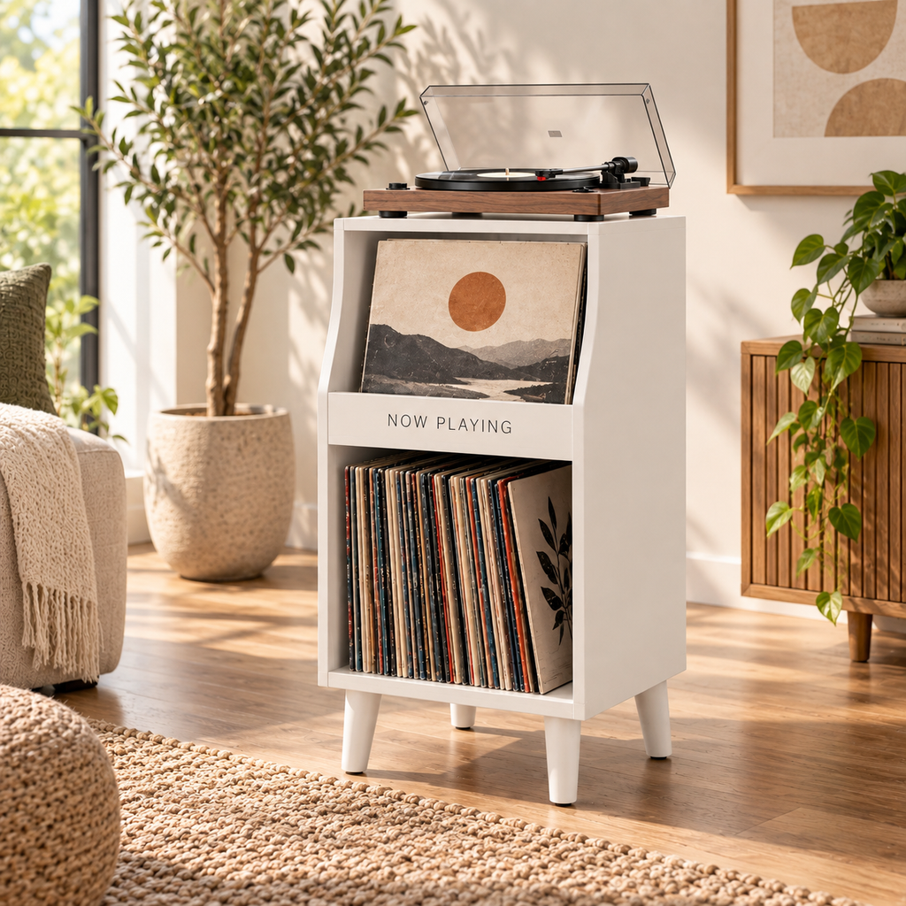 Tall Narrow Record Player Stand with Vinyl Storage – Compact Turntable Cabinet