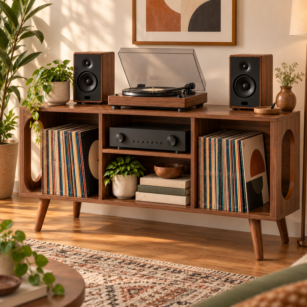 Vinyl Record Storage Console with Turntable Stand – Modern LP Media Cabinet