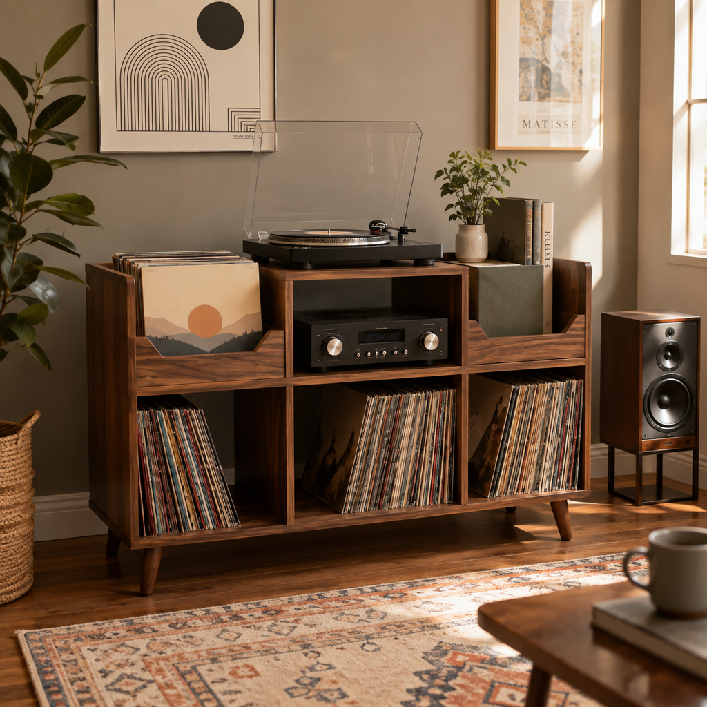 Mid-Century Record Player Stand with Vinyl Storage – Turntable Console & LP Organizer