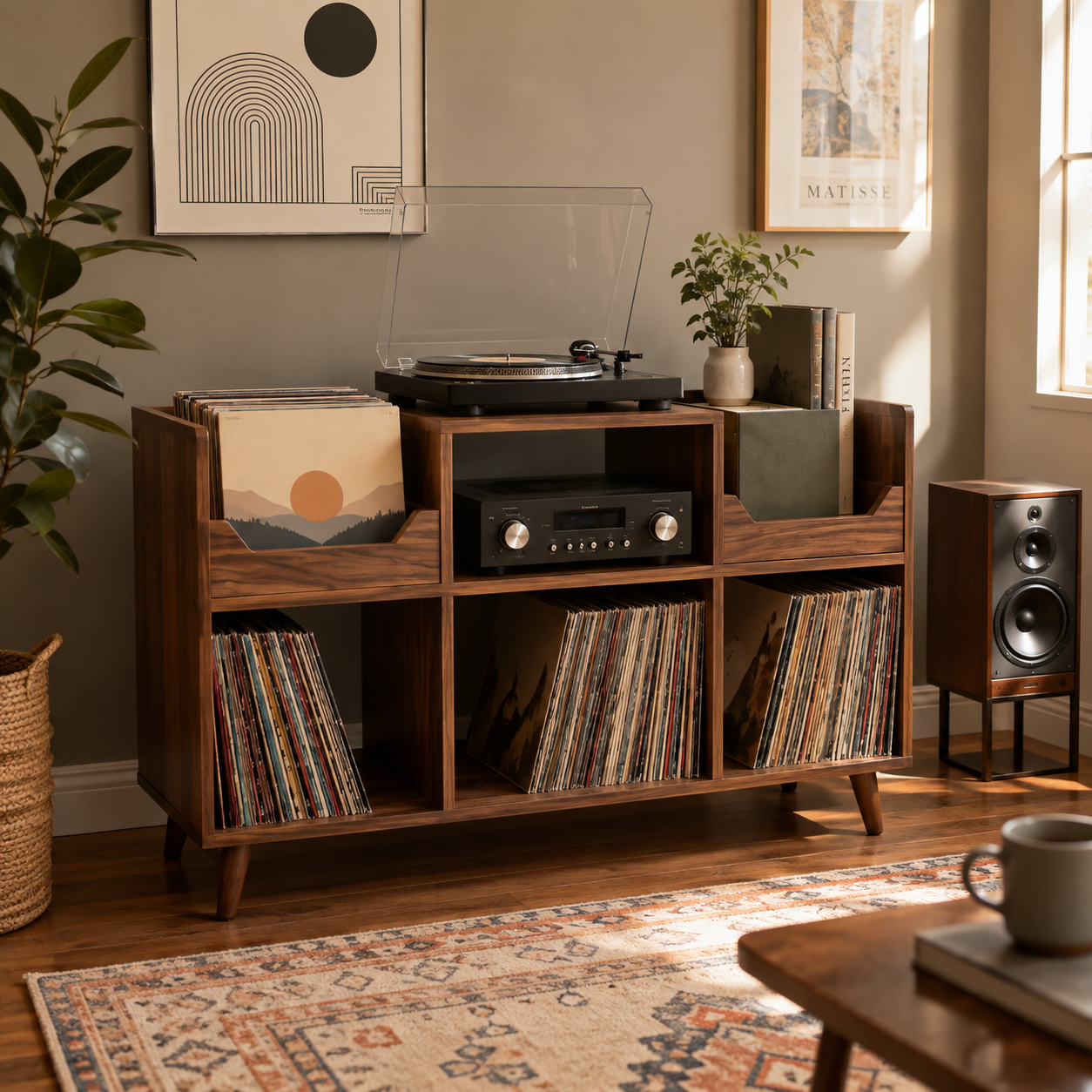 Mid-Century Record Player Stand with Vinyl Storage – Turntable Console & LP Organizer