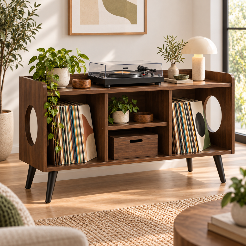 Record Player Stand with Vinyl Storage – Modern Turntable Stand & LP Organizer