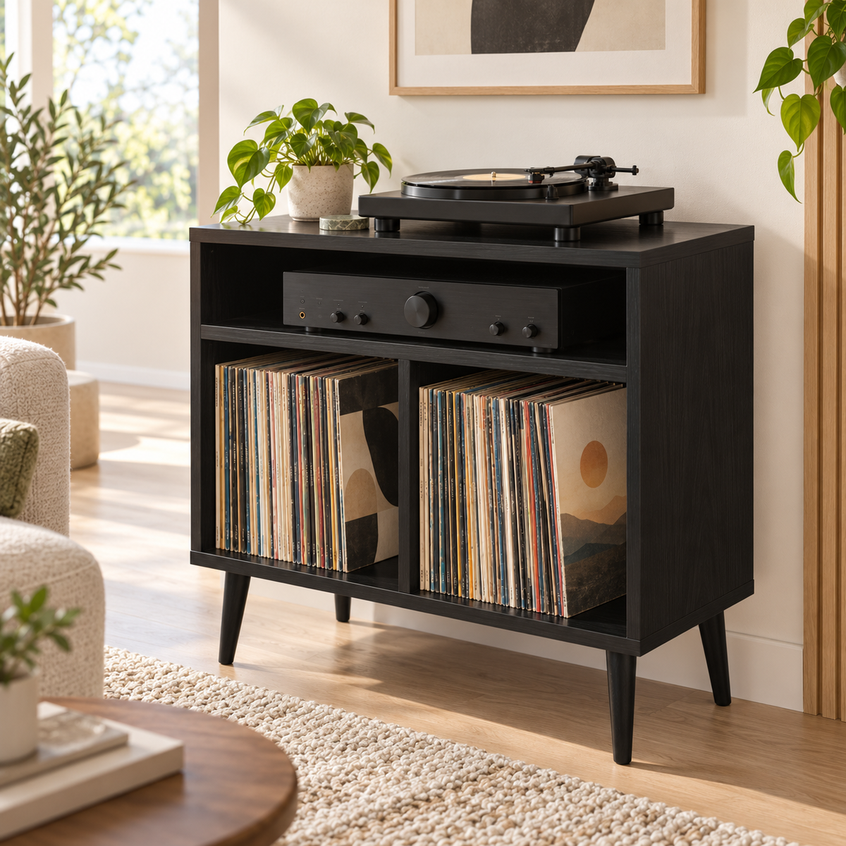 Record Player Stand with Vinyl Storage – Compact Turntable Stand & LP Organizer