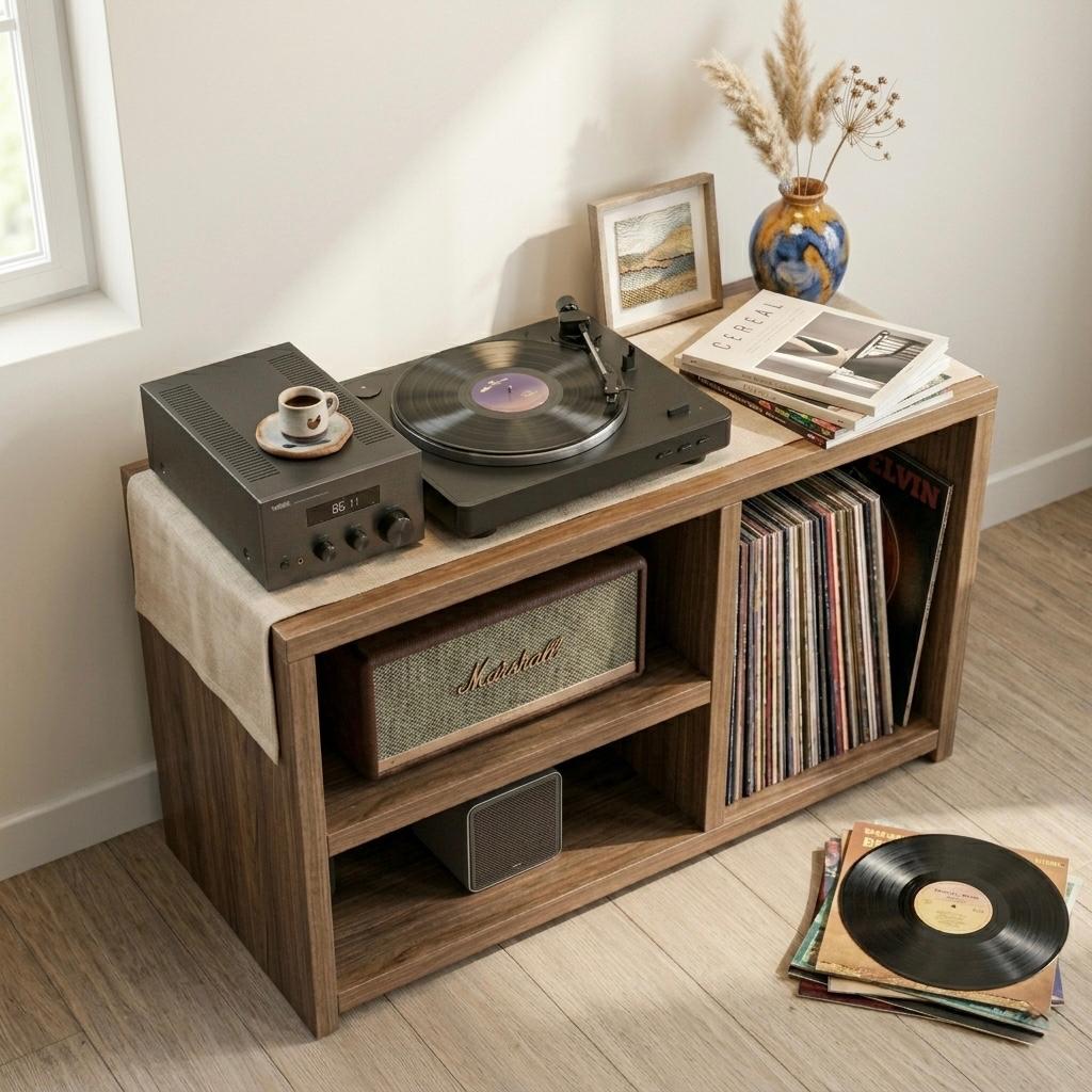 Low Record Player Stand with Vinyl Storage – Turntable Stand & LP Organizer