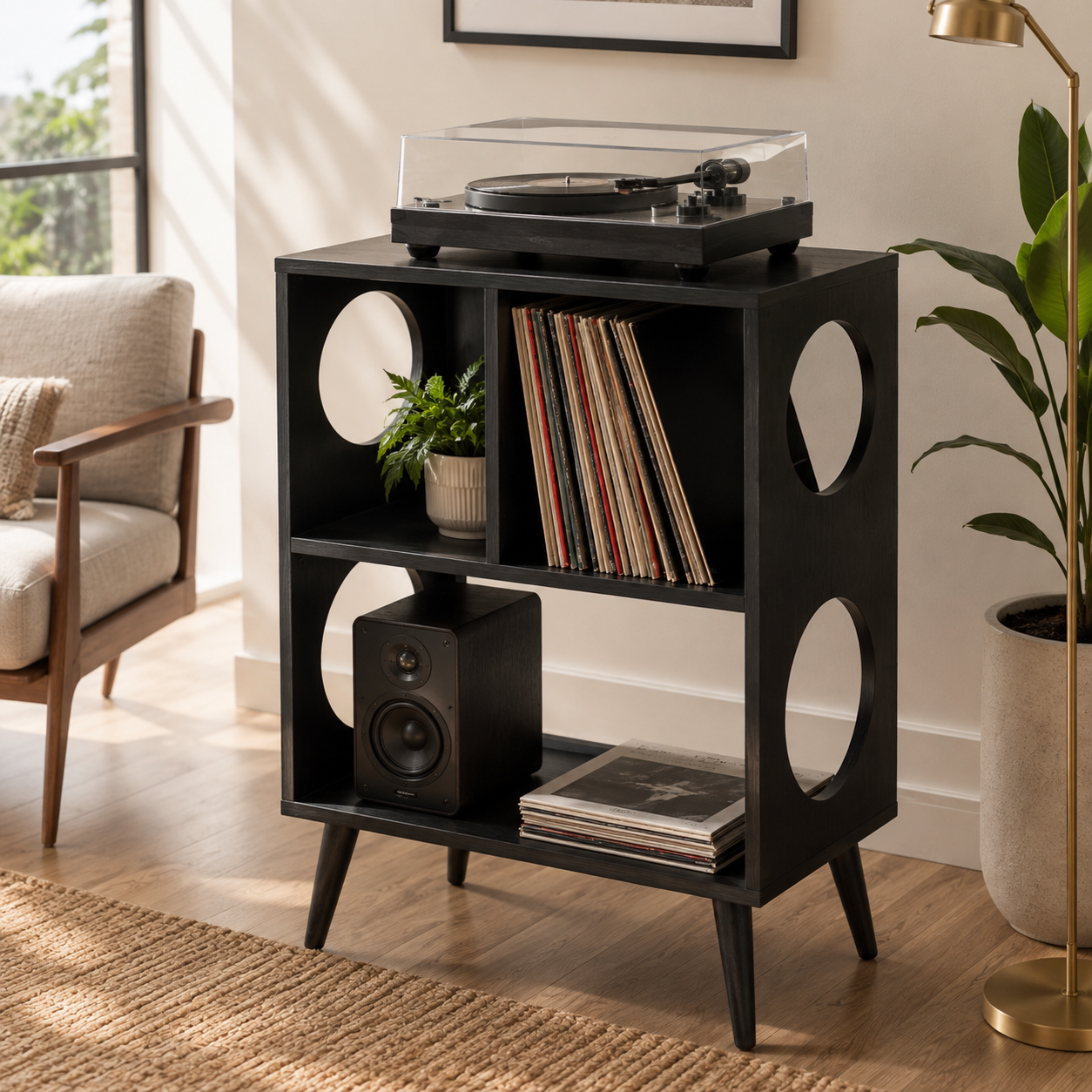 Narrow Record Player Stand with Vinyl Storage – Mid-Century Turntable Stand & LP Organizer