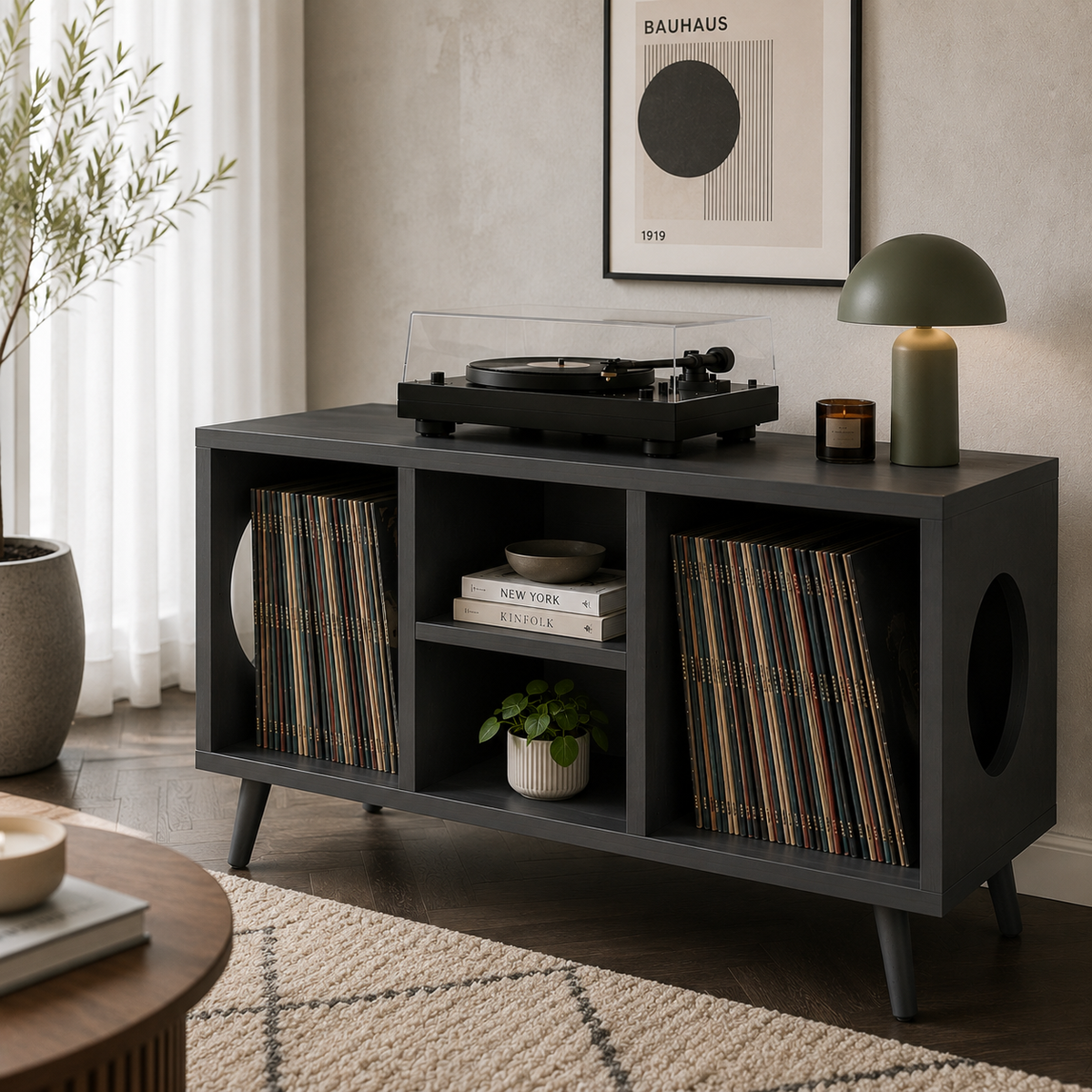Modern Turntable Stand with LP Storage – Wide Vinyl Record Player Console