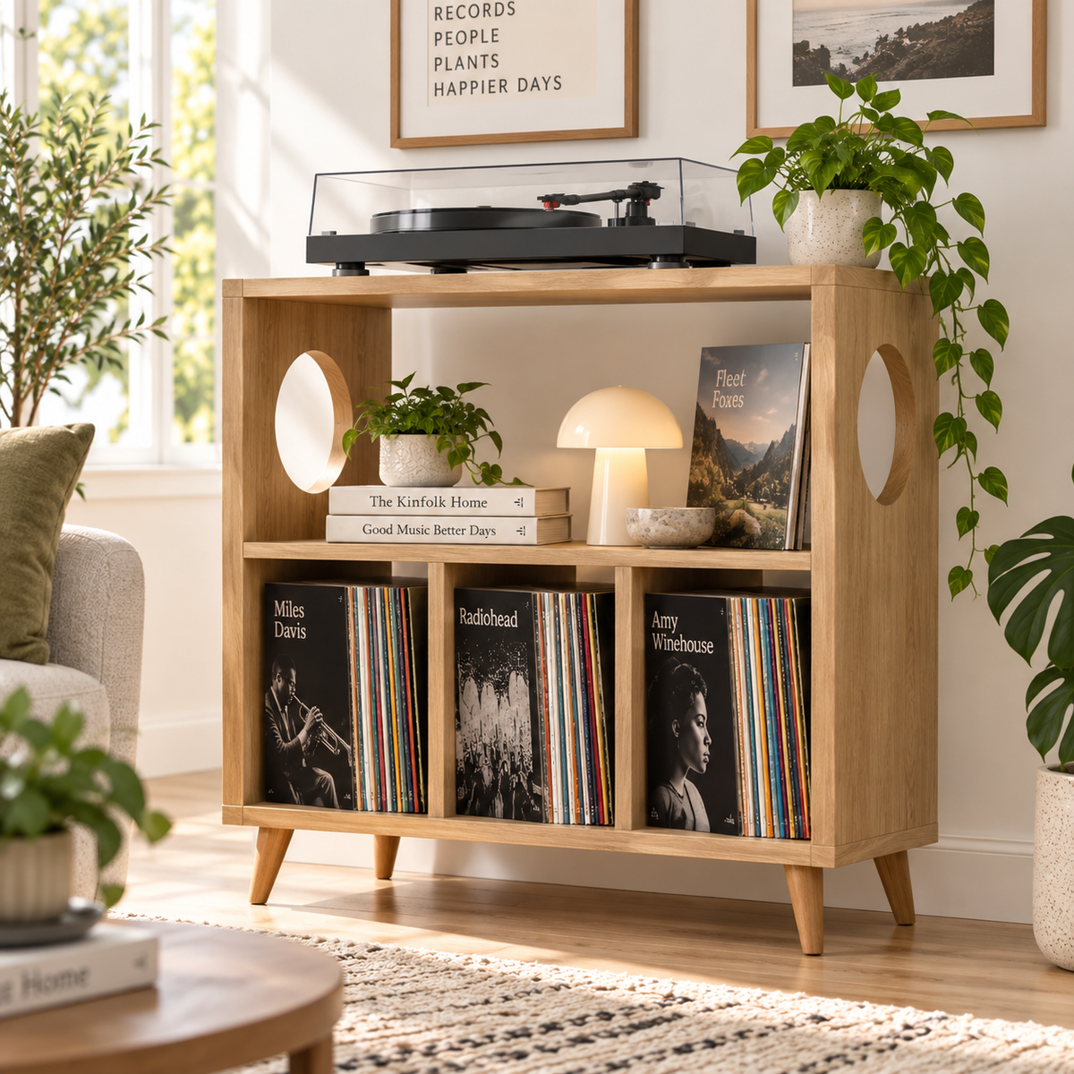 A light natural wood 3-tier record rack with open side cutouts and angled legs, styled in a bright living room with vinyl records, a turntable, a mushroom lamp, and houseplants.