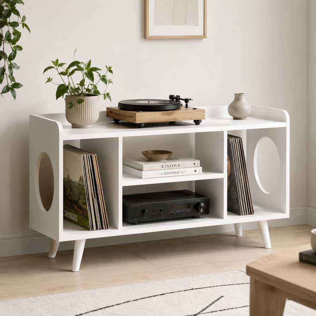 Mid-Century Record Player Table – Turntable Stand with Vinyl Storage & LP Organizer