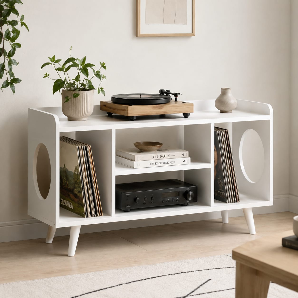 Mid-Century Record Player Table – Turntable Stand with Vinyl Storage & LP Organizer