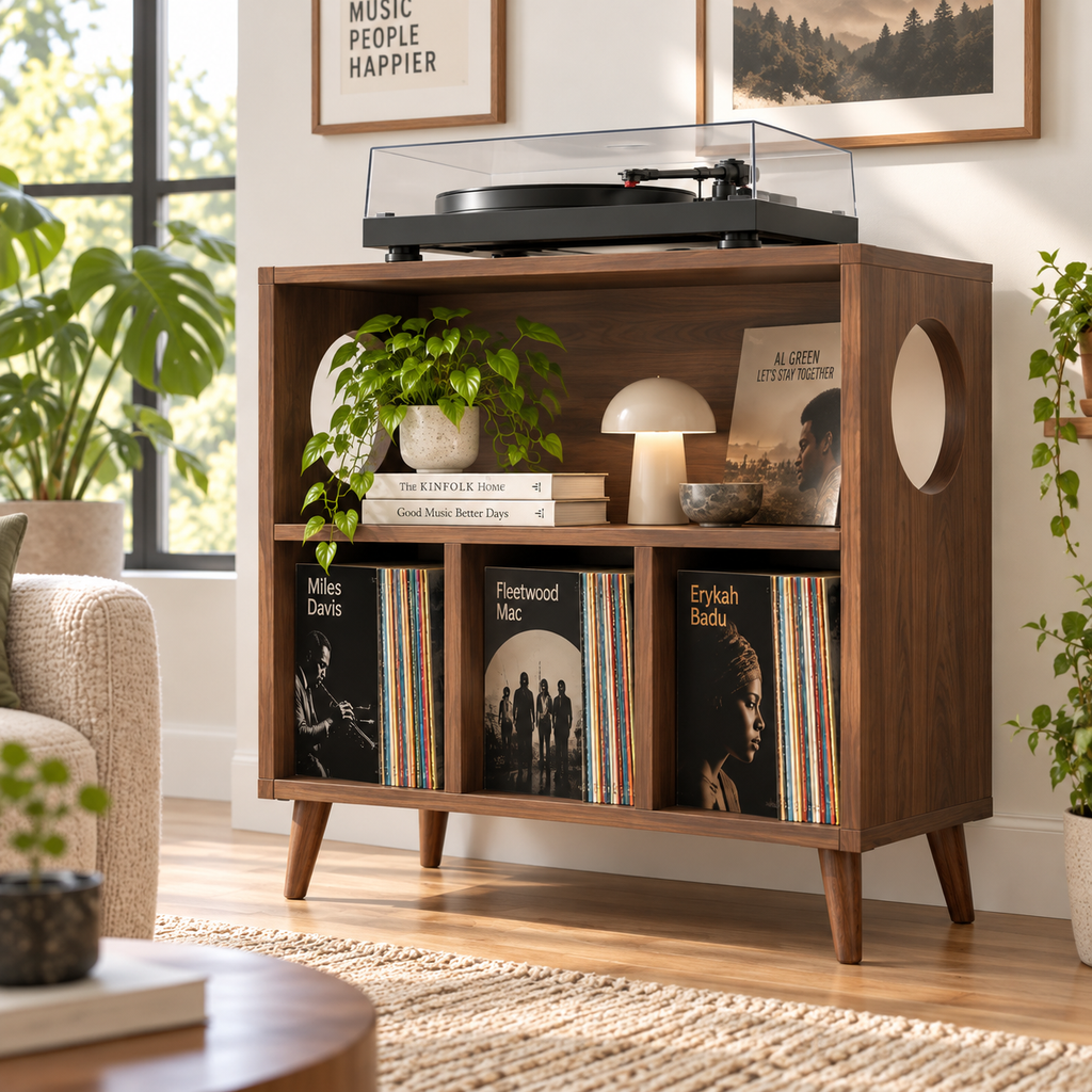 Modern Record Player Stand with Vinyl Storage – Turntable Stand & LP Organizer