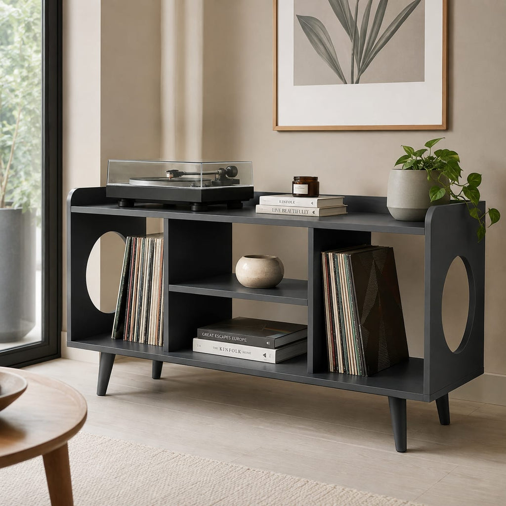 Mid-Century Record Player Table – Turntable Stand with Vinyl Storage & LP Organizer