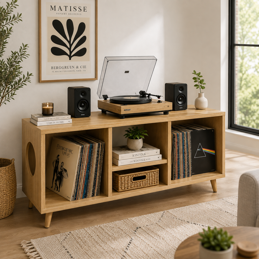 Modern Record Player Stand with Vinyl Storage – Turntable Cabinet & LP Organizer