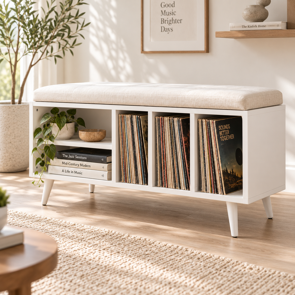 Vinyl Record Storage Bench – LP Organizer & Listening Room