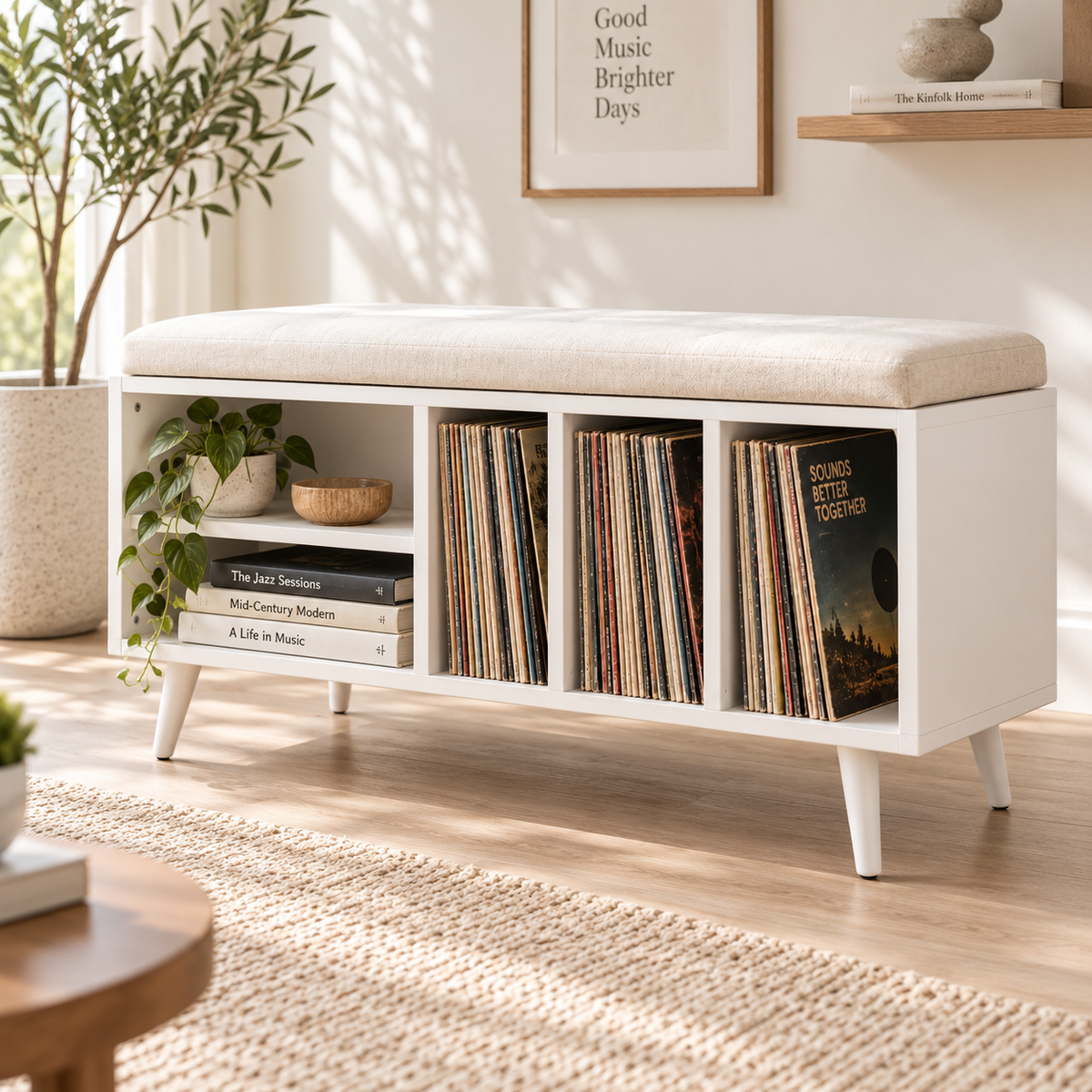 Vinyl Record Storage Bench – LP Organizer & Listening Room