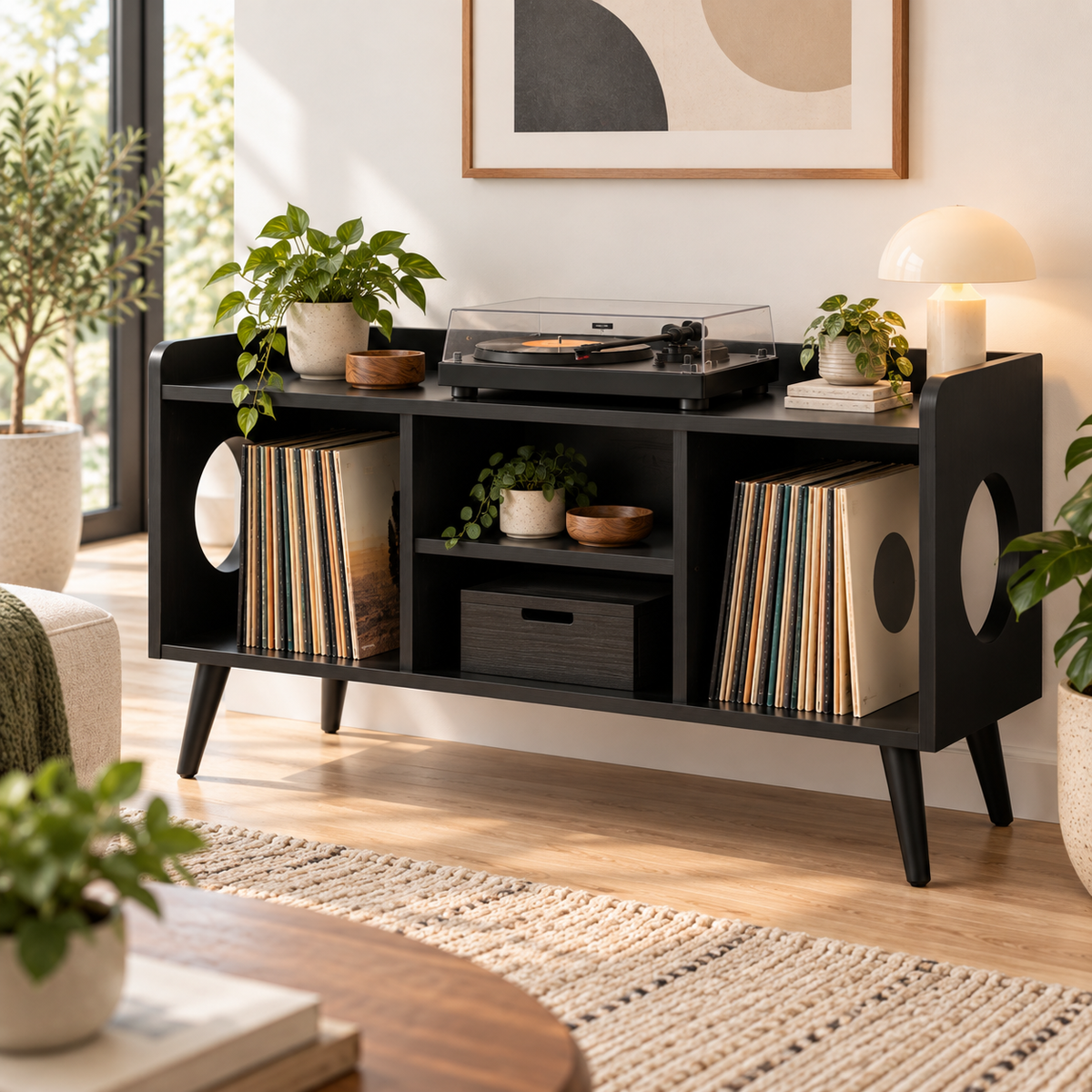 Record Player Stand with Vinyl Storage – Modern Turntable Stand & LP Organizer