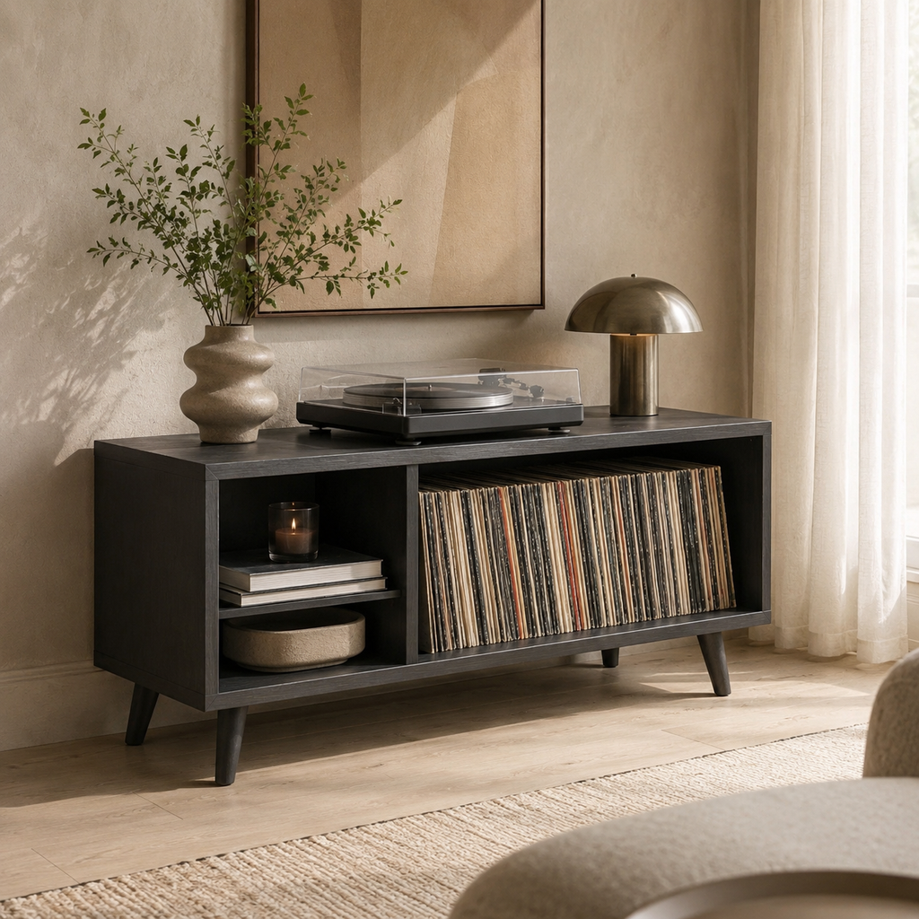 Mid-Century Record Player Stand with Vinyl Storage – LP Organizer & Turntable Stand