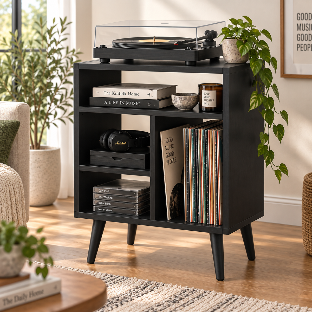 Modern Record Player Stand with Vinyl Storage – Turntable Stand & LP Organizer