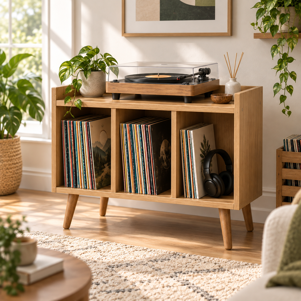 Compact Record Player Stand with Vinyl Storage – 60 cm Turntable Cabinet