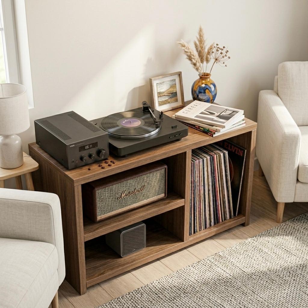 Low Record Player Stand with Vinyl Storage – Turntable Stand & LP Organizer