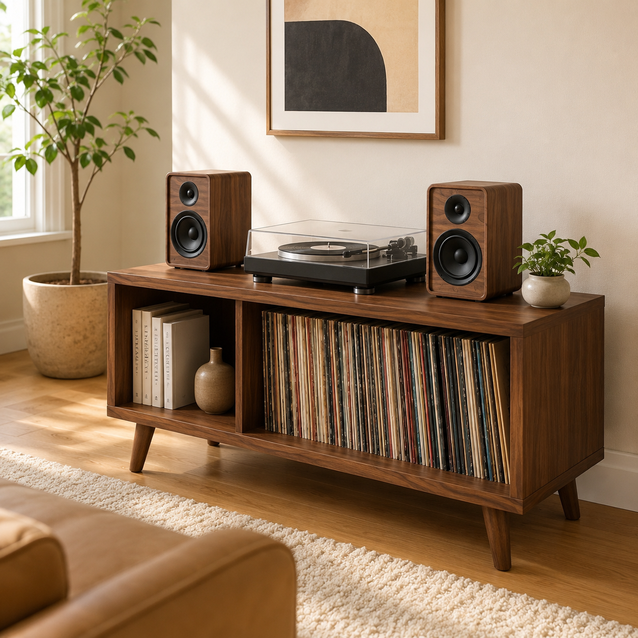 Mid-Century Record Player Stand with Vinyl Storage – LP Organizer & Turntable Stand