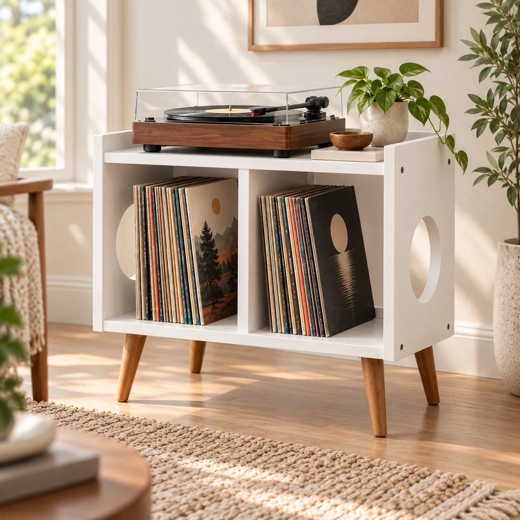 Narrow Record Player Stand with Vinyl Storage – Compact Turntable Cabinet, 45 cm Wide