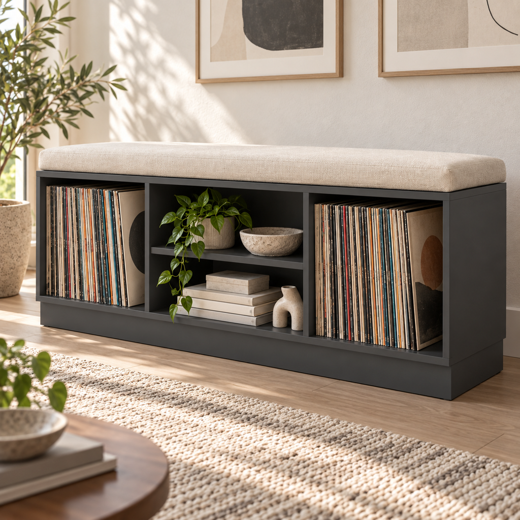 Vinyl Record Storage Bench – LP Organizer & Listening Room