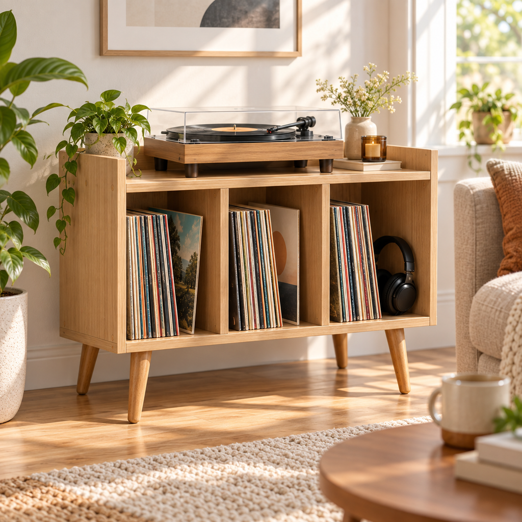 Compact Record Player Stand with Vinyl Storage – 60 cm Turntable Cabinet