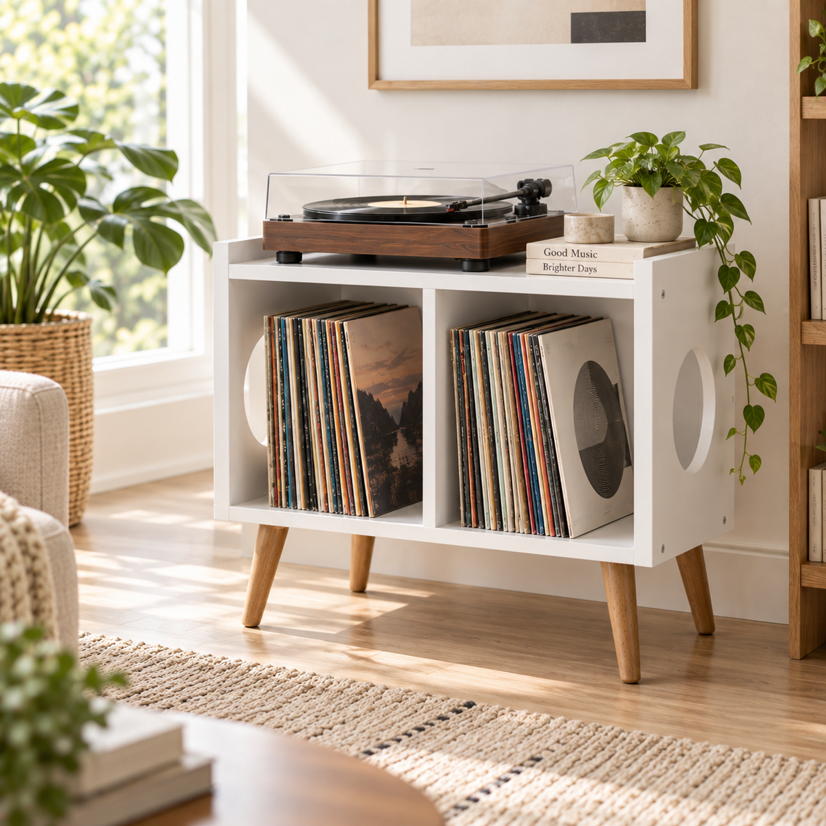 Narrow Record Player Stand with Vinyl Storage – Compact Turntable Cabinet, 45 cm Wide