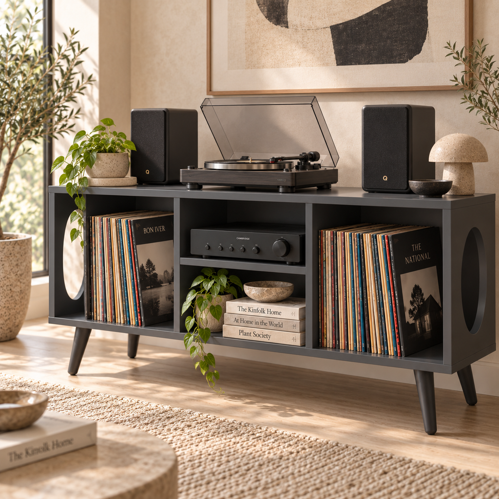Vinyl Record Storage Console & Turntable Stand | LP Cabinet