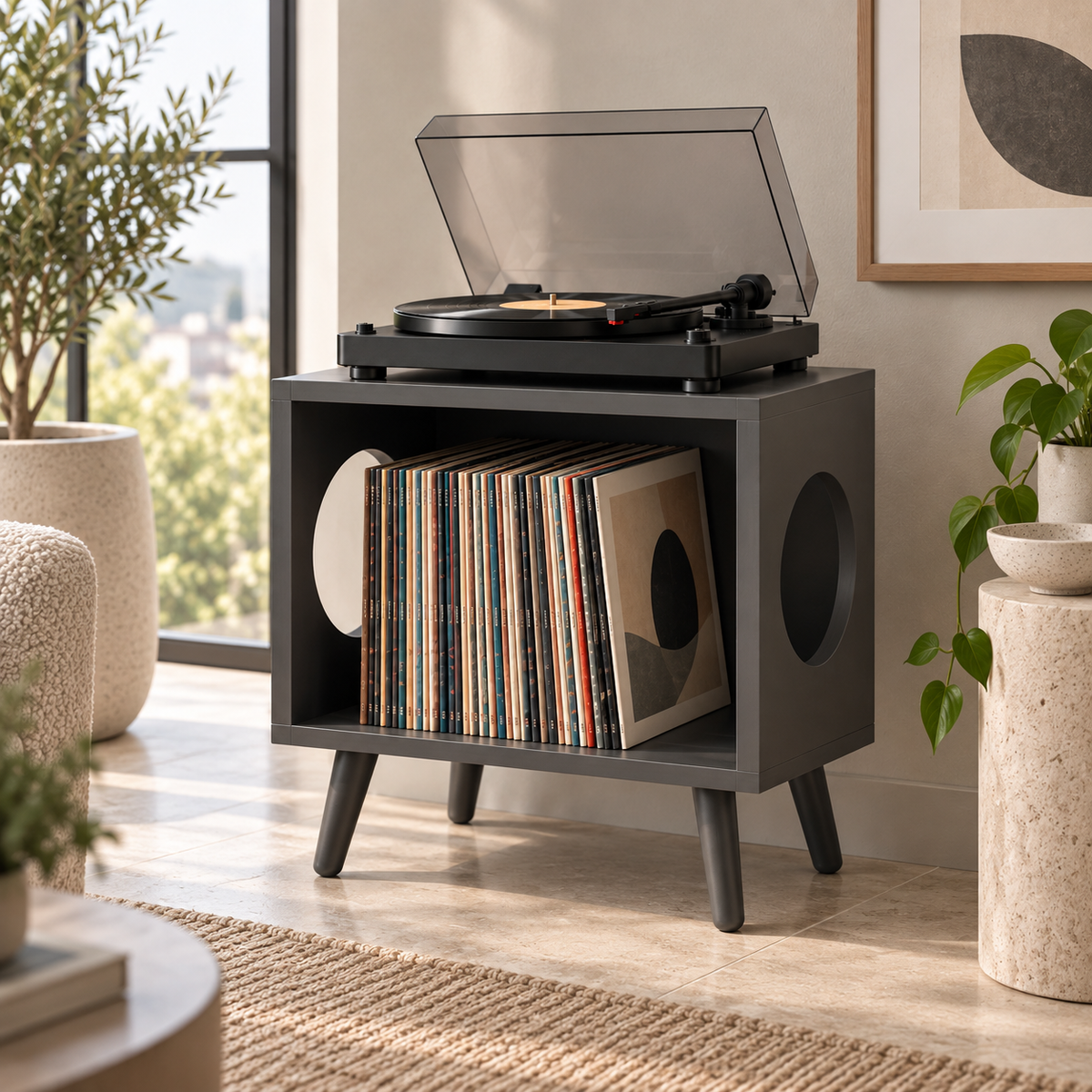 Compact Record Player Stand – Small Turntable & Vinyl Storage Table