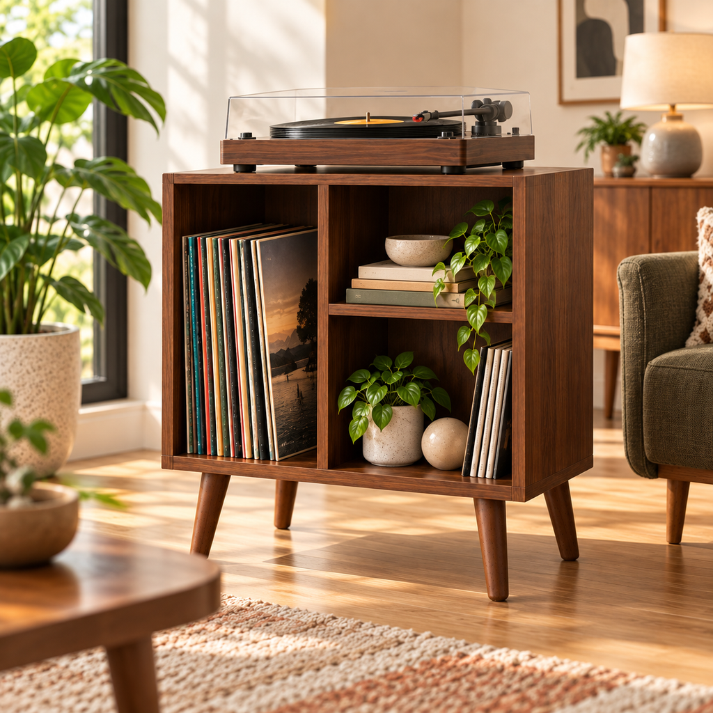 Narrow Record Player Stand with Vinyl Storage – Compact Turntable Cabinet