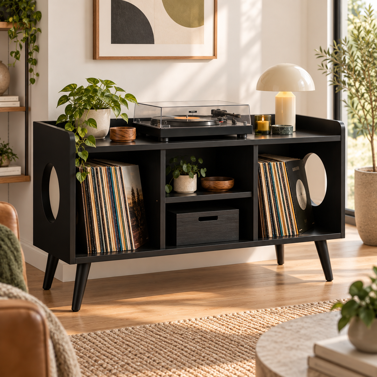 Record Player Stand with Vinyl Storage – Modern Turntable Stand & LP Organizer
