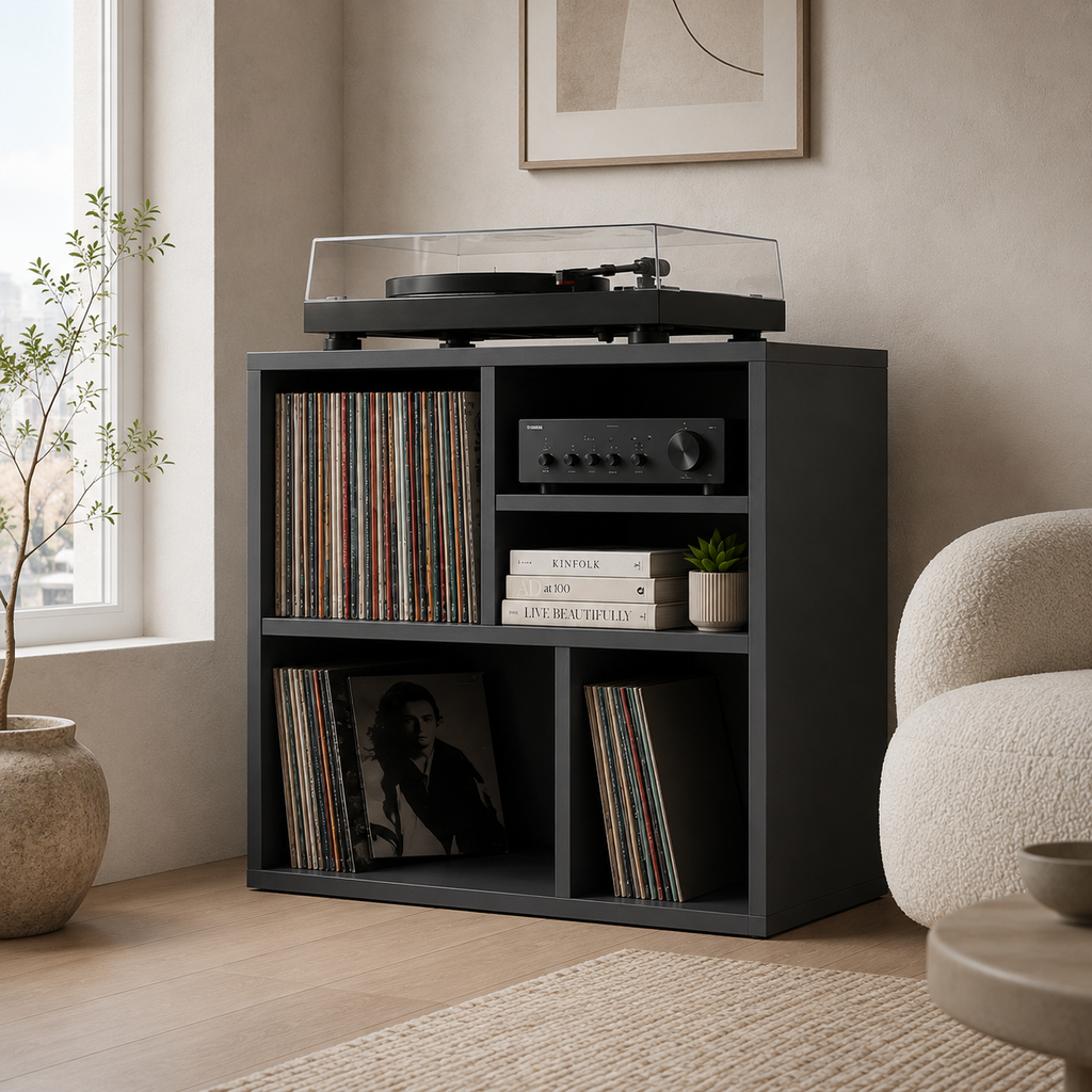 Narrow Turntable Stand with Vinyl Record Storage – Compact Record Player Cabinet