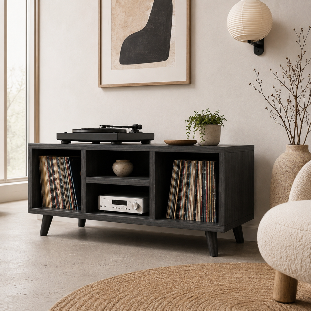 Modern Record Player Stand with Vinyl Storage – Turntable Stand & LP Organizer