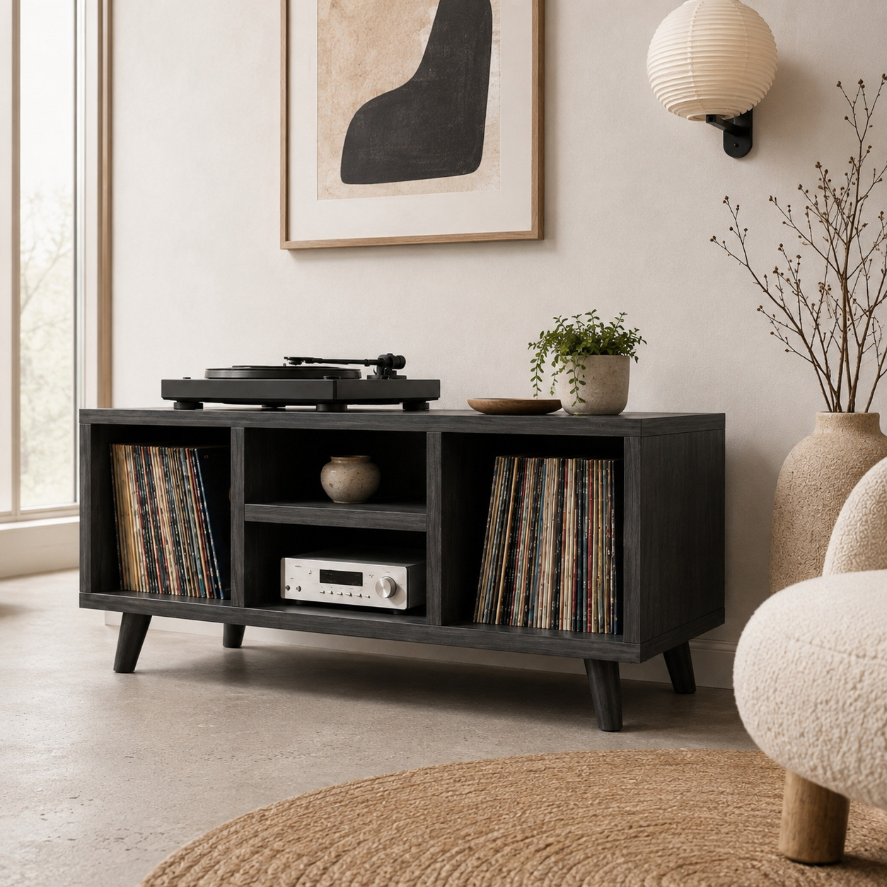Modern Record Player Stand with Vinyl Storage – Turntable Stand & LP Organizer