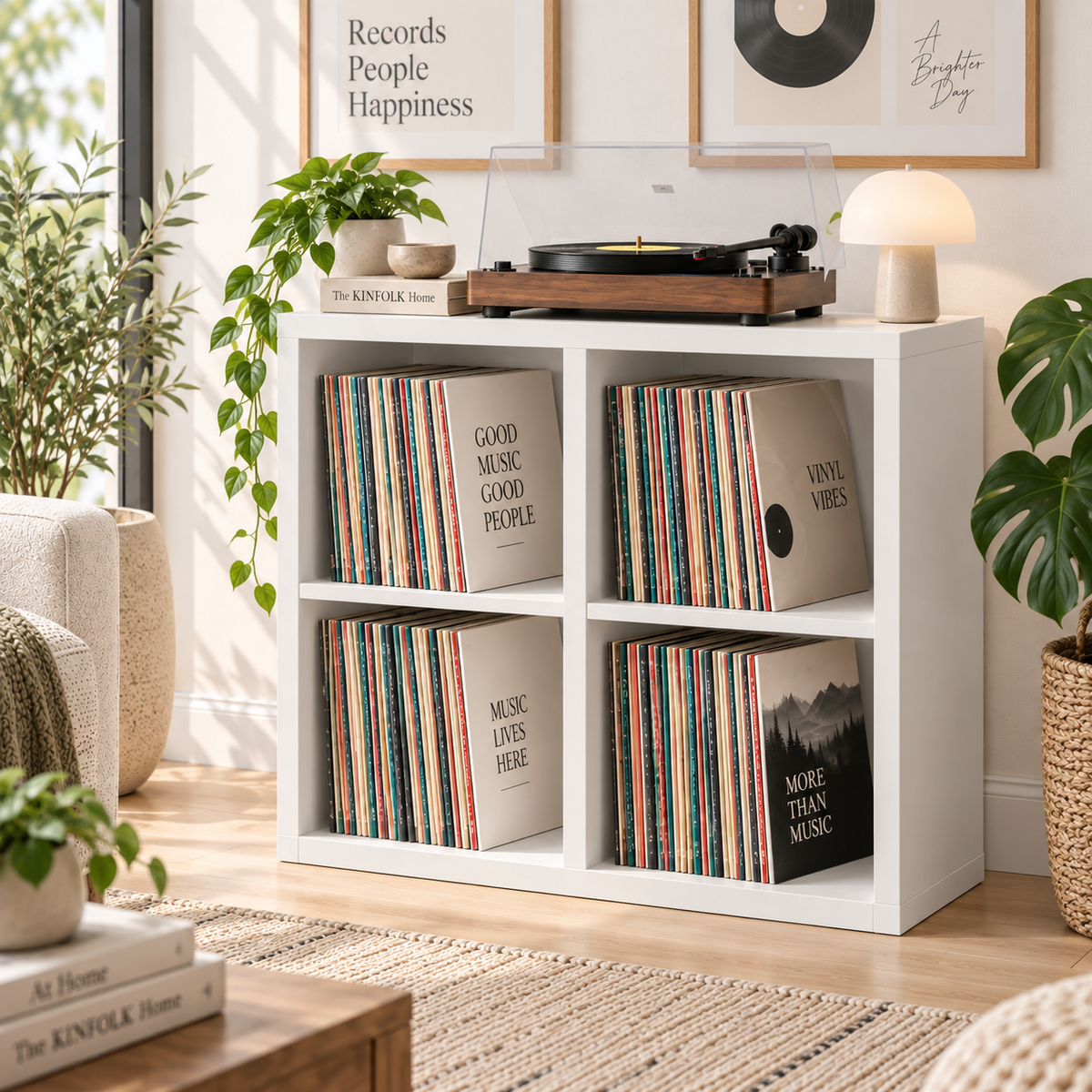 حامل جهاز تسجيل مع مساحة لتخزين أسطوانات الفينيل - طاولة عصرية لجهاز الجراموفون ومنظم لأسطوانات الفينيل