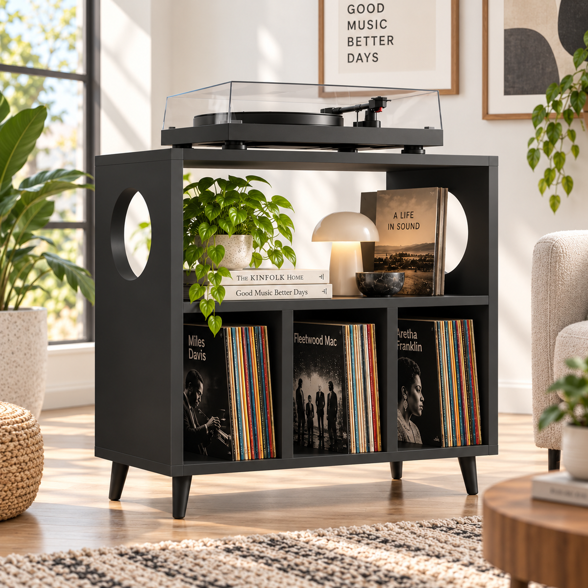 Modern Record Player Stand with Vinyl Storage – Turntable Stand & LP Organizer