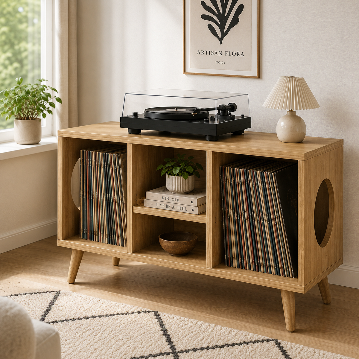 Modern Turntable Stand with LP Storage – Wide Vinyl Record Player Console