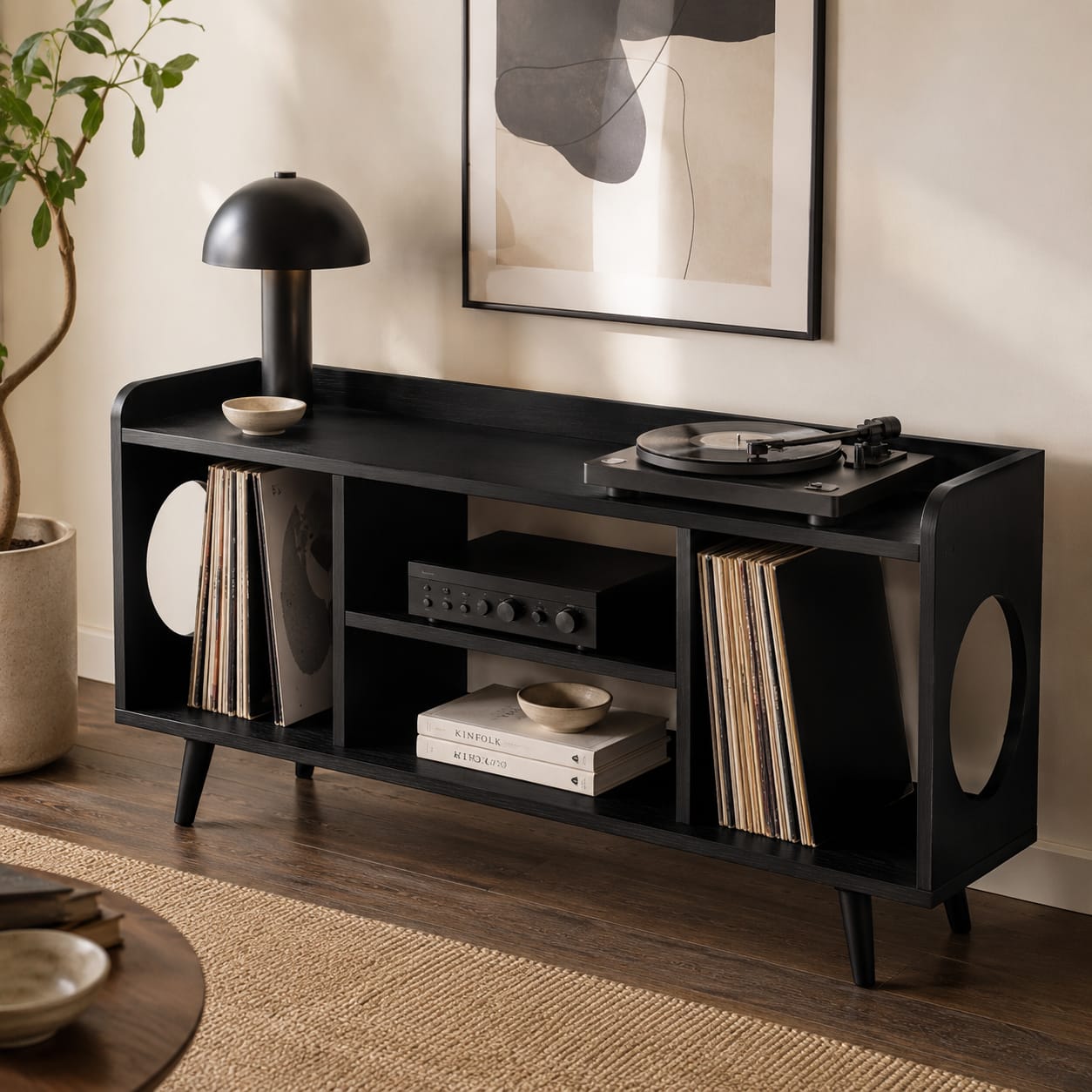 Mid-Century Record Player Table – Turntable Stand with Vinyl Storage & LP Organizer