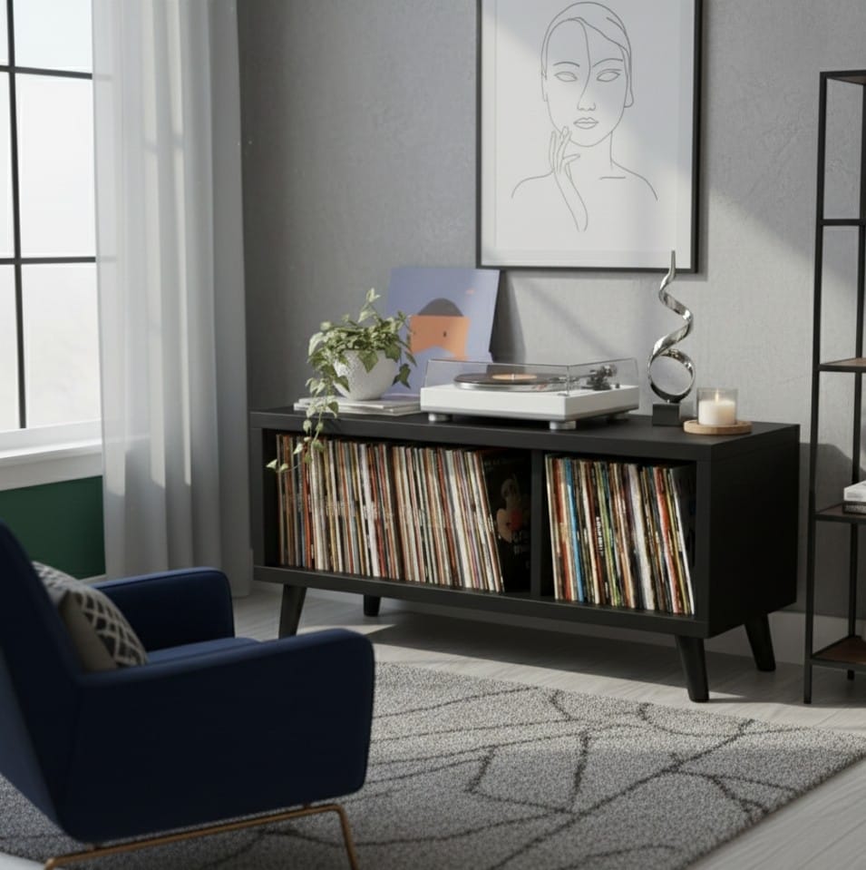Modern Record Player Stand with Vinyl Storage – Turntable Console & LP Organizer