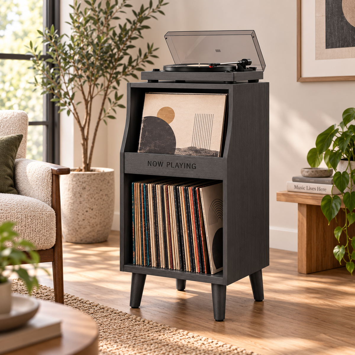 Tall Narrow Record Player Stand with Vinyl Storage – Compact Turntable Cabinet