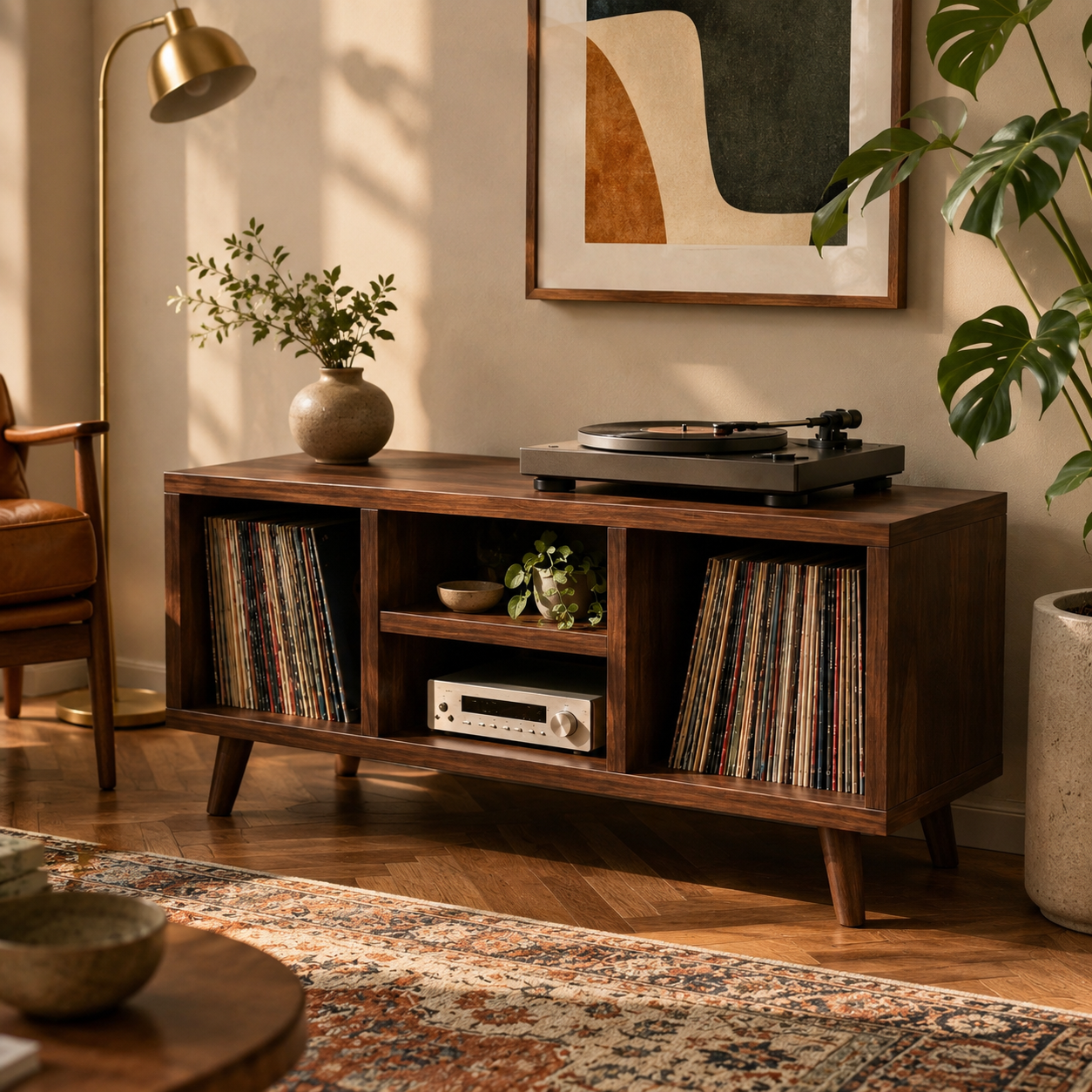 Modern Record Player Stand with Vinyl Storage – Turntable Stand & LP Organizer