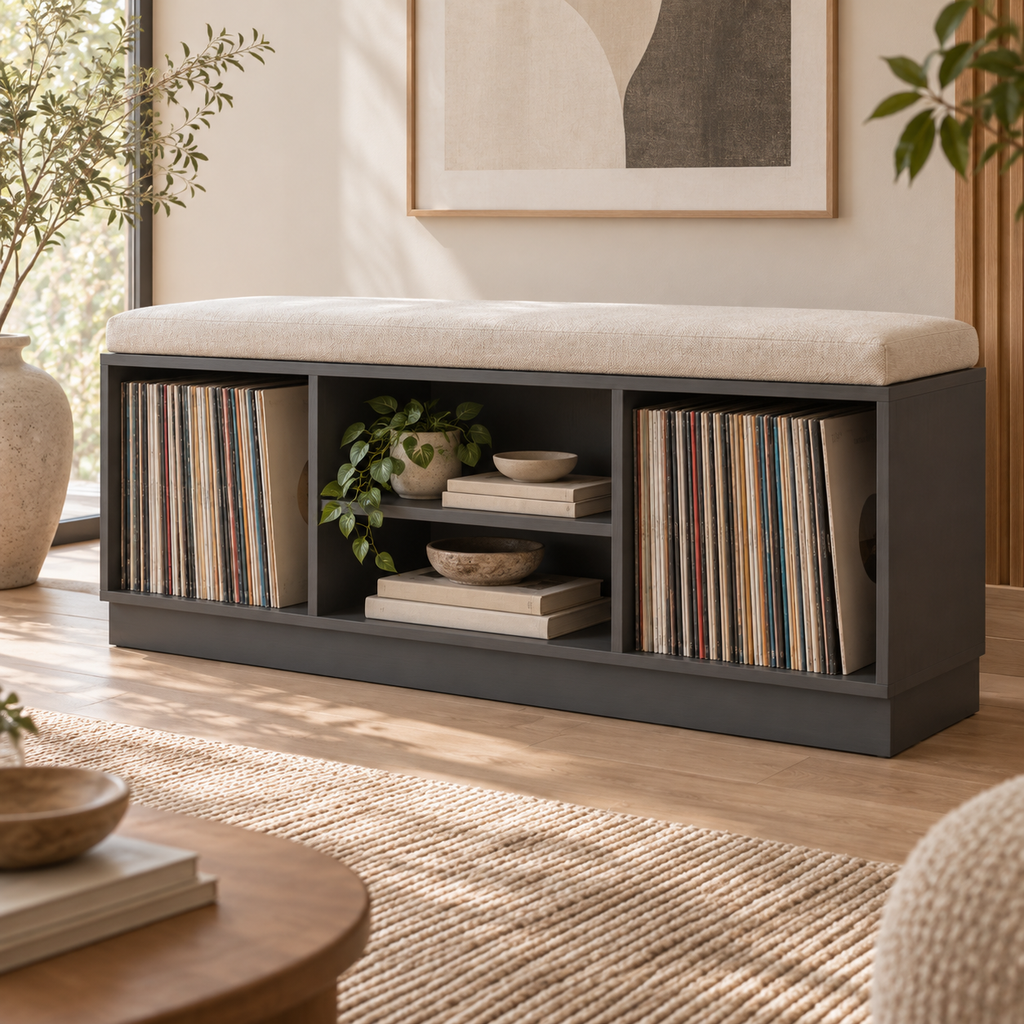 Vinyl Record Storage Bench – LP Organizer & Listening Room