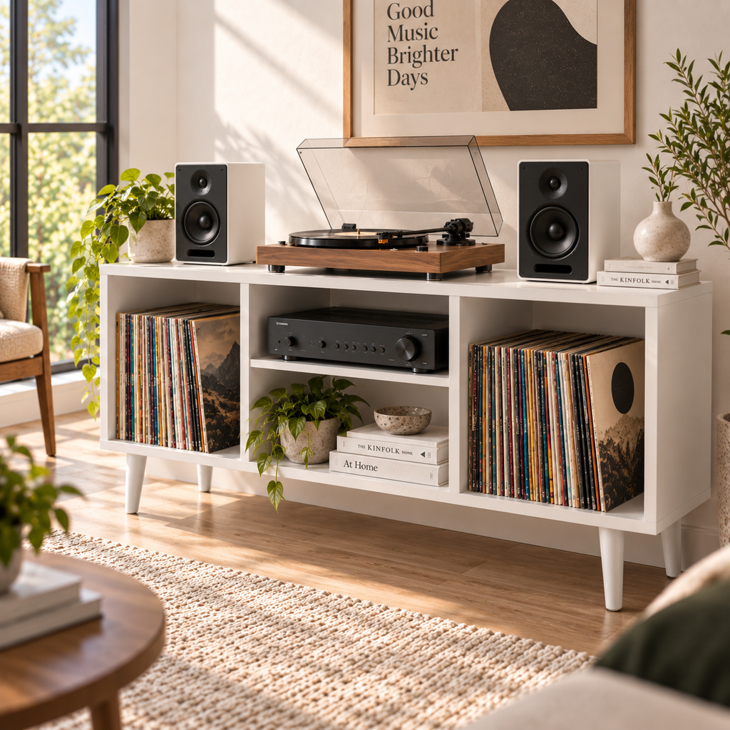 Modern Record Player Stand with Vinyl Storage – Turntable Table & LP Organizer