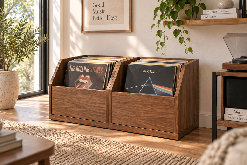 Vinyl Record Player Stand with Storage, Modern Turntable Console, LP Organizer Cabinet, Record Storage Shelf, Music Room Furniture, MDF
