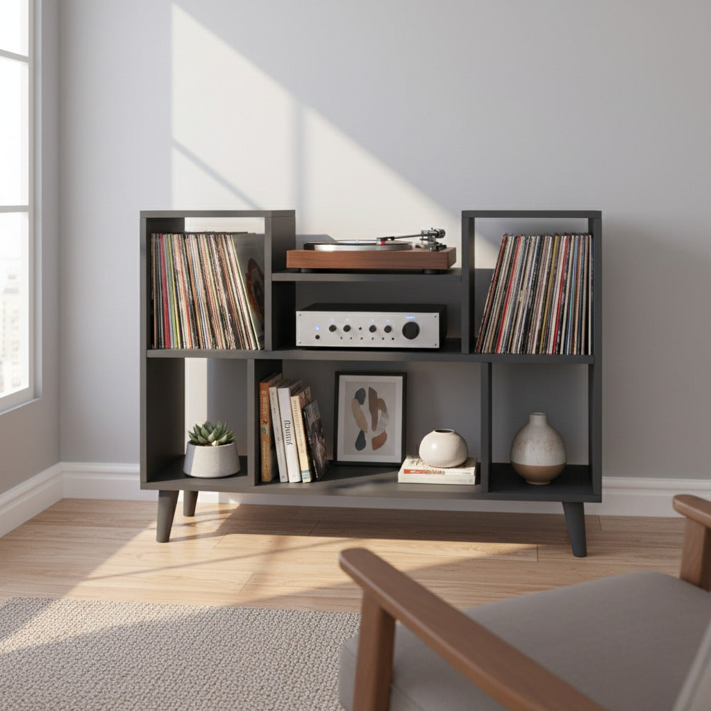 Tall Record Player Stand with Vinyl Storage – Turntable Cabinet & LP Organizer