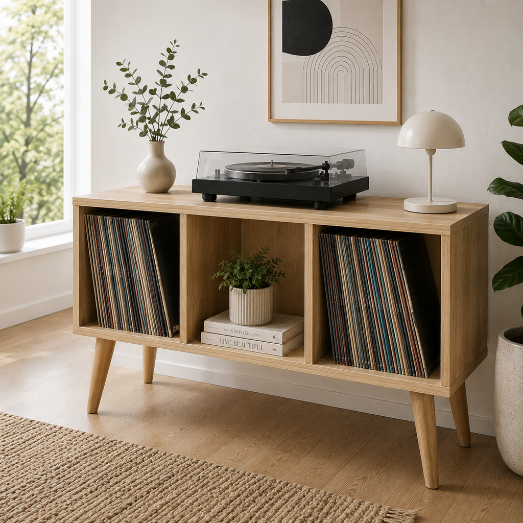Modern Record Player Stand with Vinyl Storage – Turntable Stand & LP Organizer
