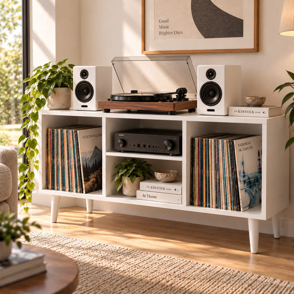 Modern Record Player Stand with Vinyl Storage – Turntable Table & LP Organizer