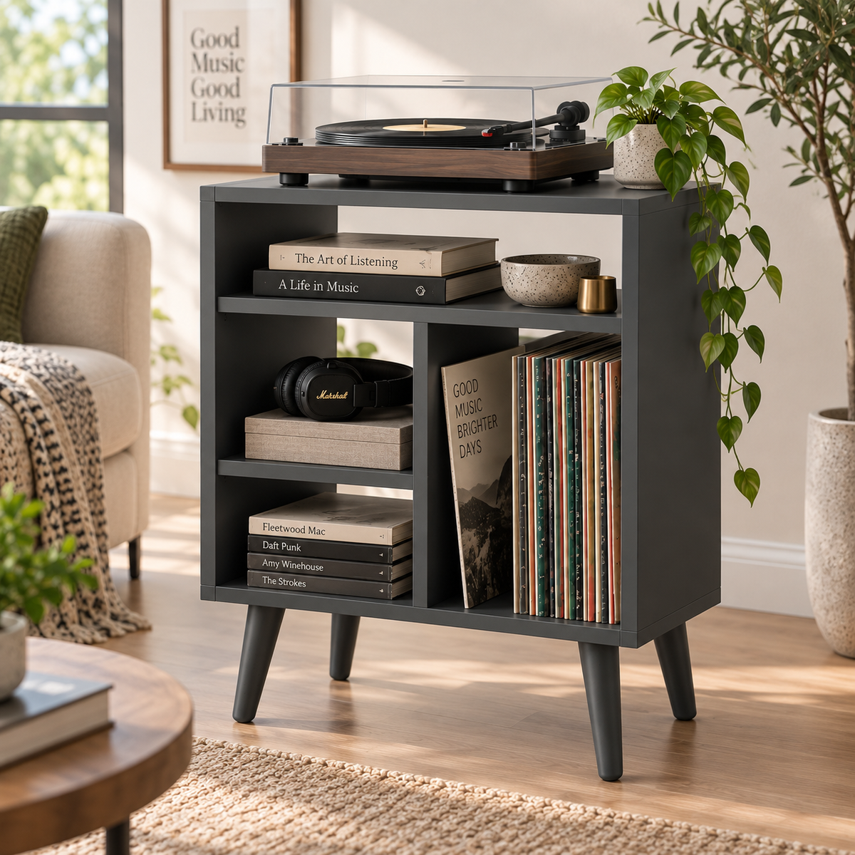 Modern Record Player Stand with Vinyl Storage – Turntable Stand & LP Organizer