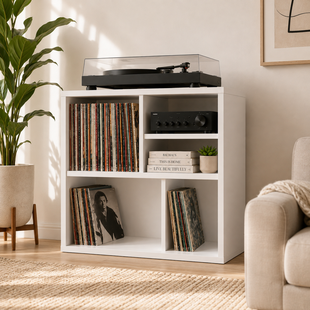 Narrow Turntable Stand with Vinyl Record Storage – Compact Record Player Cabinet